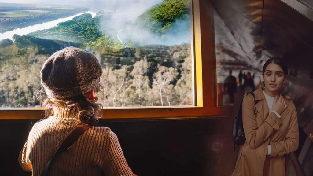 Traveler on a scenic train ride, with another person waiting in a dimly lit station.