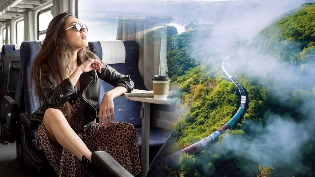 Stylish woman on a train enjoying scenic views of a misty