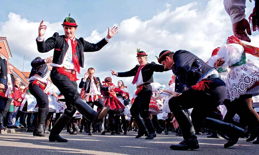 A lively traditional folk dance performance