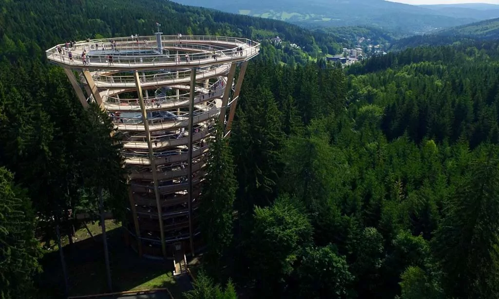 Towering wooden structure with panoramic forest views, offering a scenic nature walk and observation deck